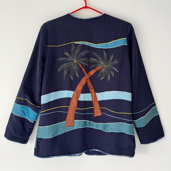 90s vintage blue novelty tropical bird vacation embroidered patchwork jacket - Picture 2 of 10